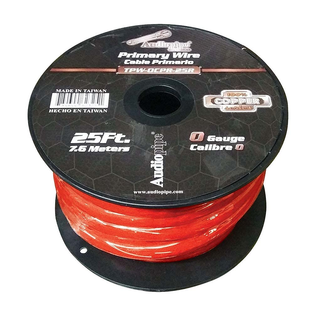 Audiopipe TPW0CPR25R 0 Gauge 100% Copper Series Power Wire - 25 Foot Roll - Red PVC outer-jacket