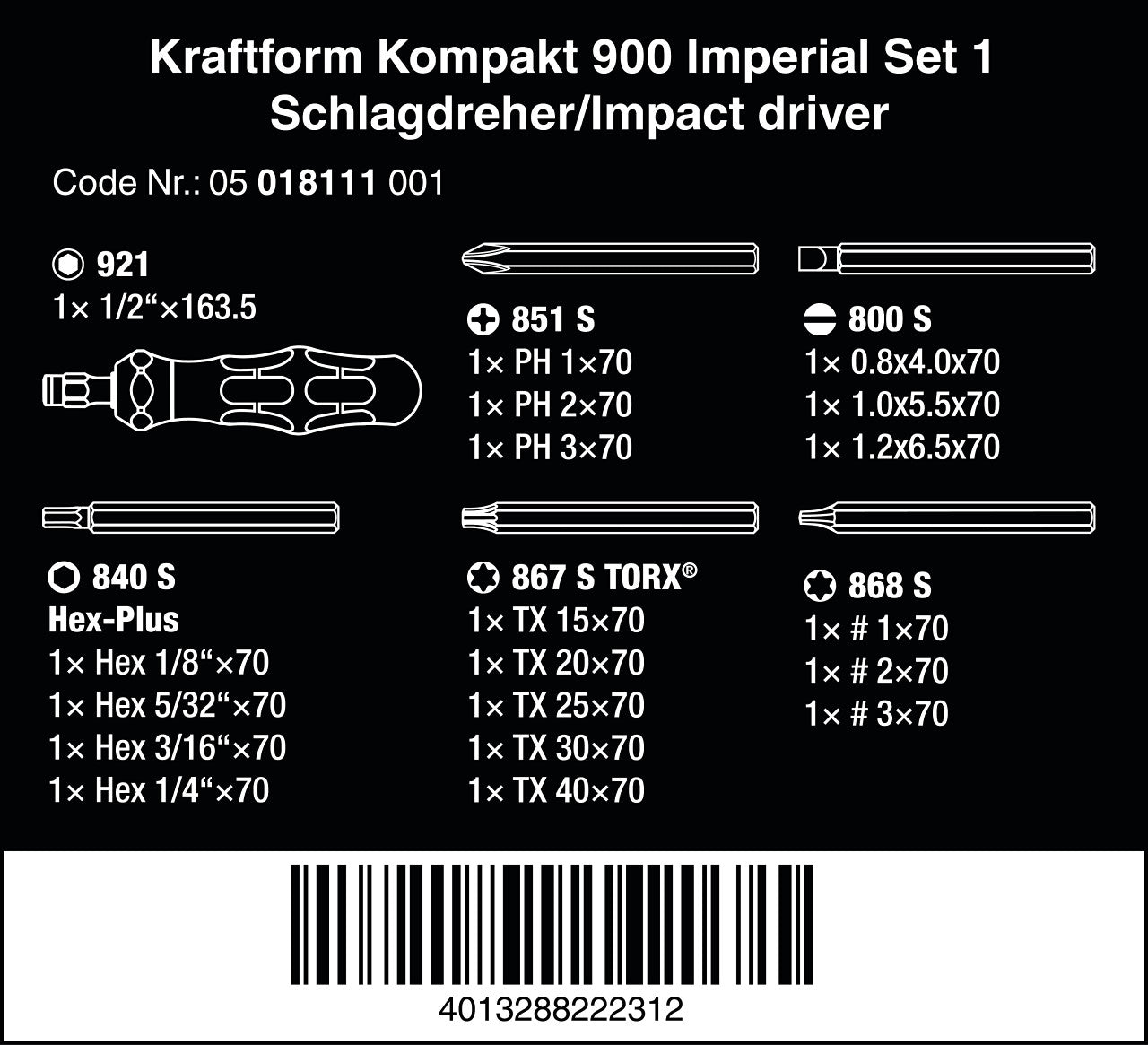 Wera 05018111001 Kraftform Kompakt 900 Imperial Impact Screwdriver Set, 19 Pieces