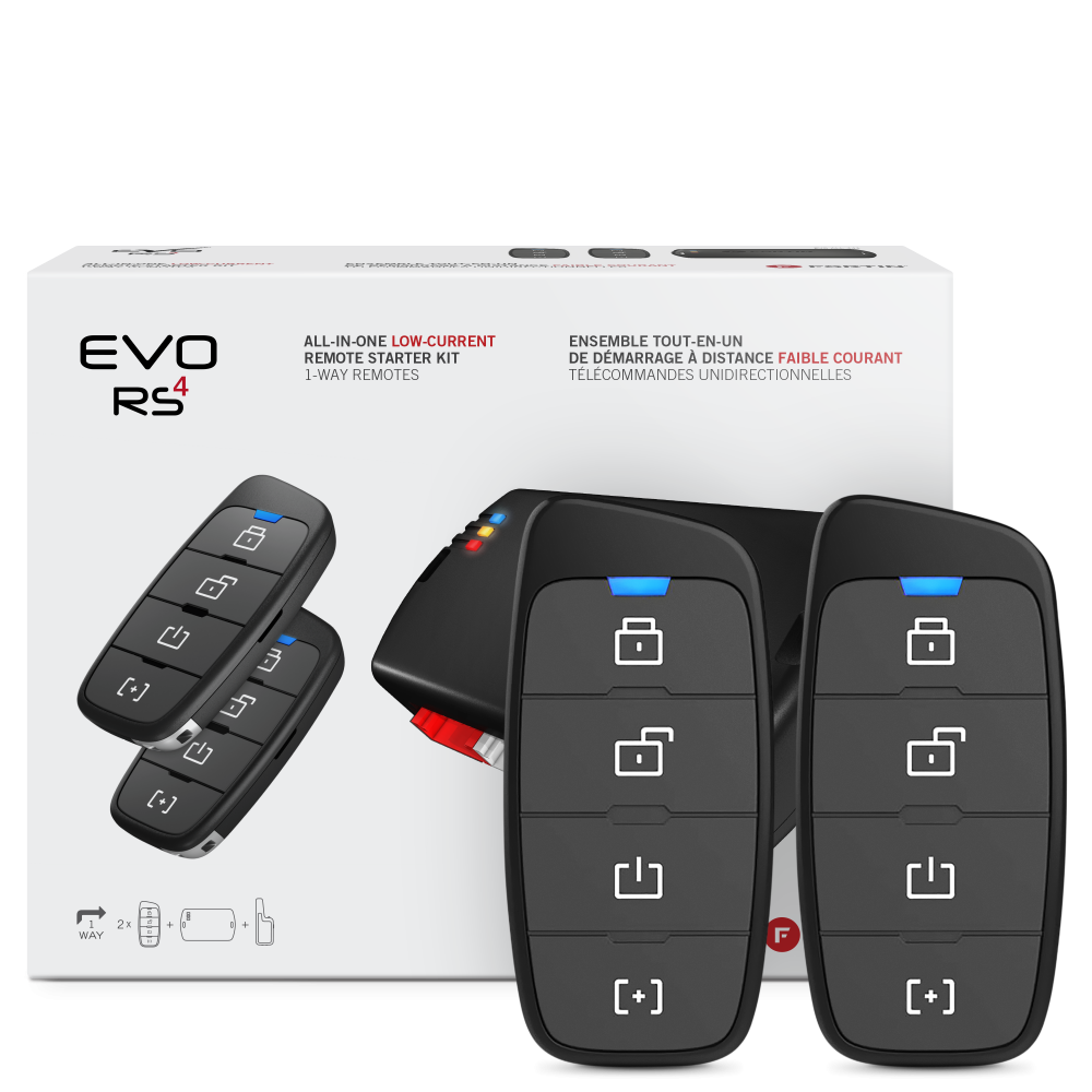 Fortin EVO-ALL-441 1-way long-range RF kit included all-in-one remote starter kit with 2 4-button remotes.