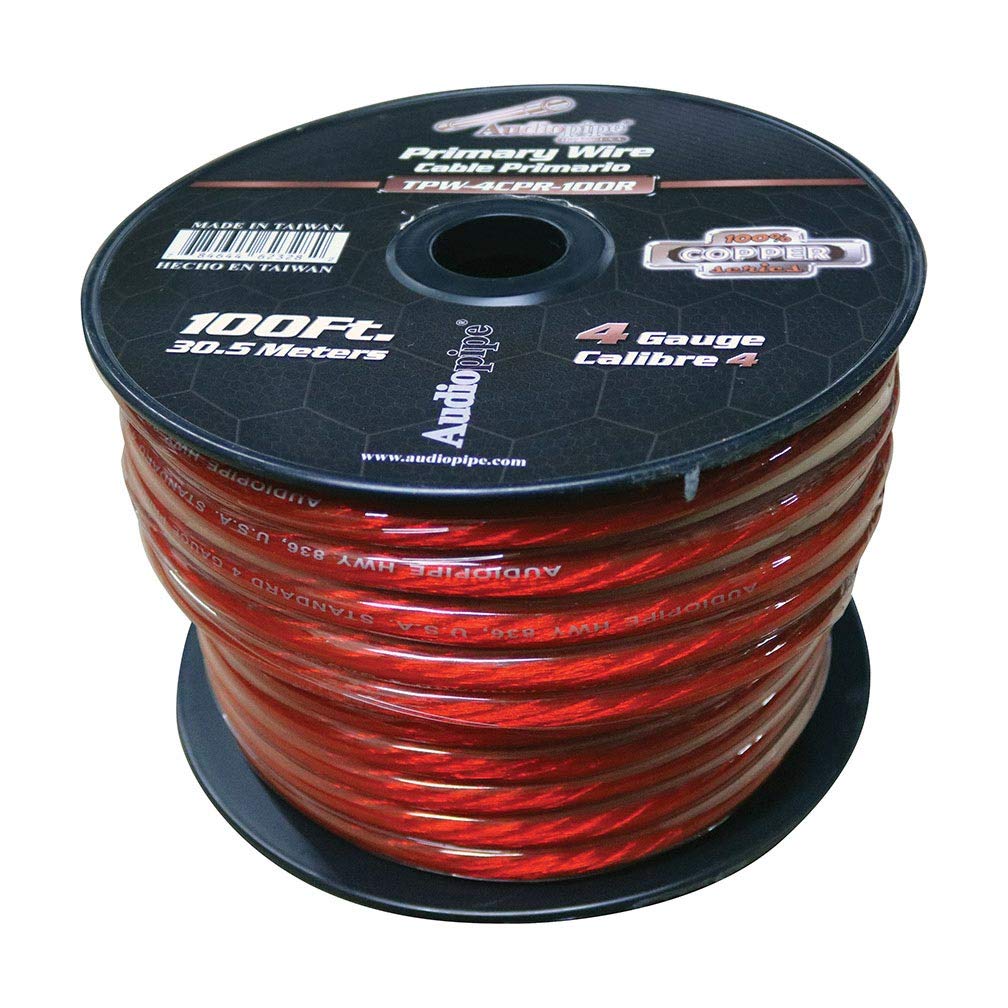 Audiopipe TPW4CPR100R 4 Gauge 100% Copper Series Power Wire - 100 Foot Roll - Red PVC outer-jacket