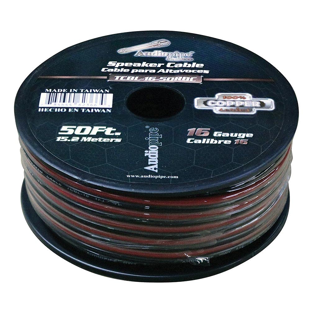 Audiopipe TCBL1650RBC 16 Gauge 100% Copper Series Speaker Wire - 50 Foot Roll - RED/BLACK  Jacket