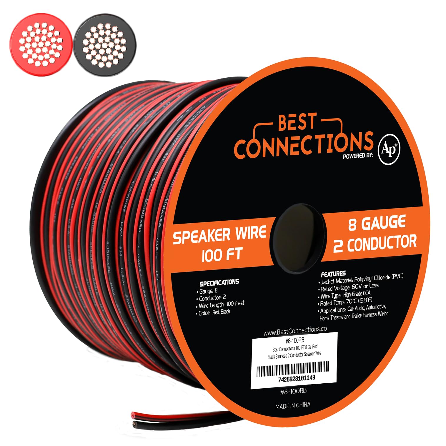 Audiopipe CABLE8100BLK 8 Gauge Speaker Wire 100' Red/Black