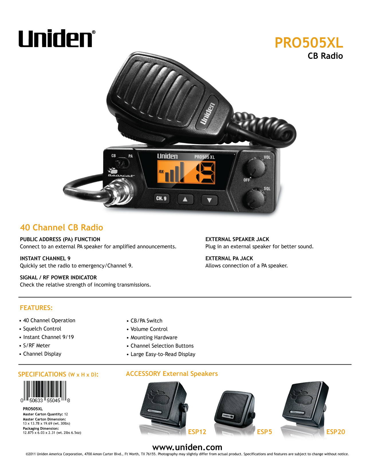 Uniden PRO505XL 40 Channel Compact Mobile CB Radio