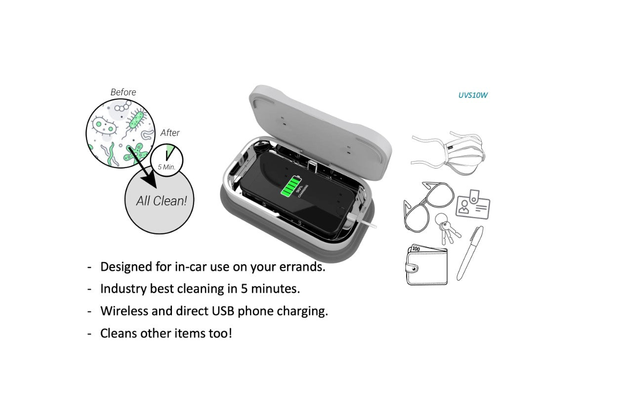 Jensen UVS10W UV Phone Sanitizer and Wireless Charger for Car and Home Use