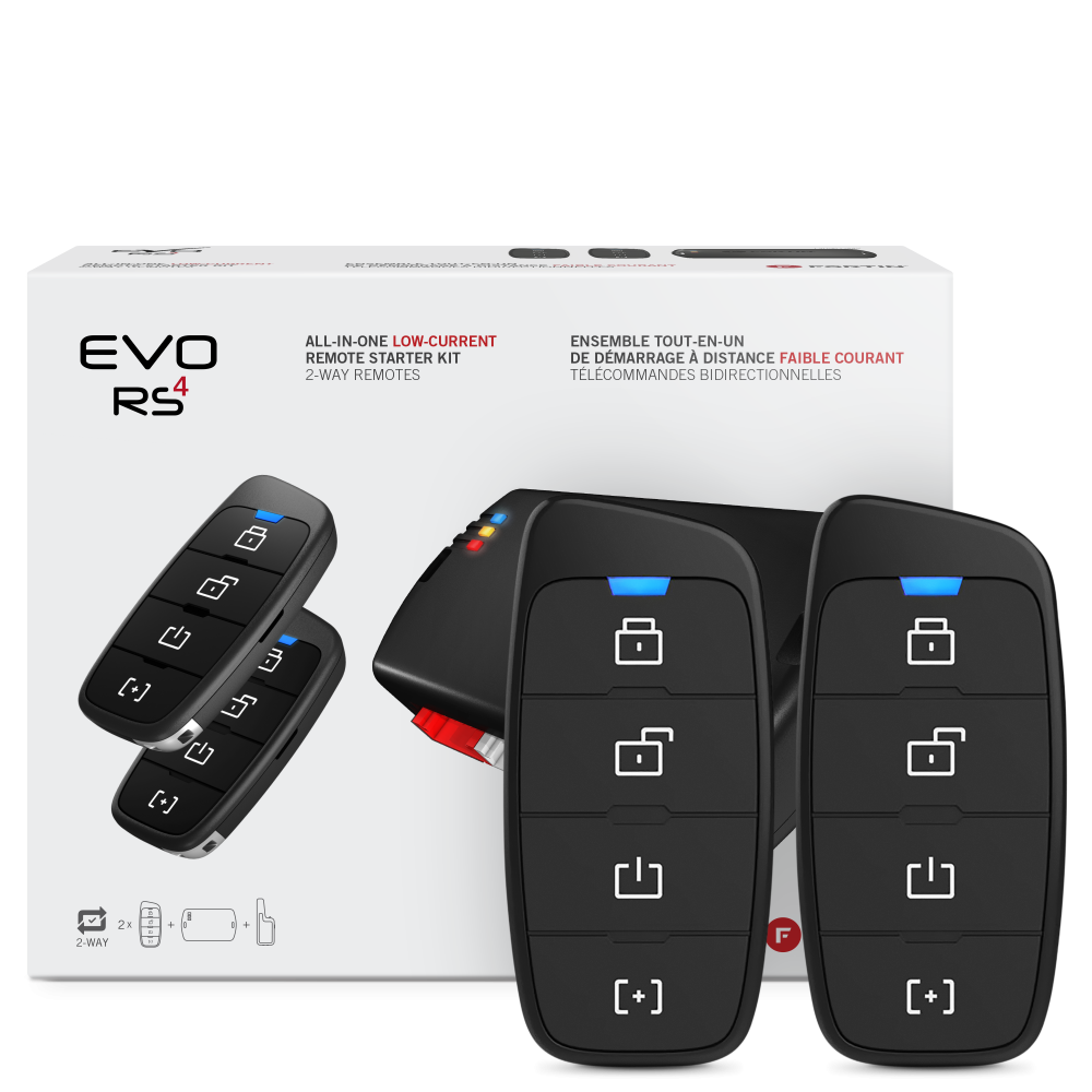Fortin EVO-ALL-442 2-way long-range RF kit Included all-in-one remote starter kit with 2 4-button remotes.