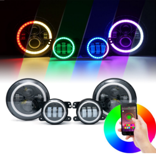 Racesport RS9JL4 2018+ Jeep JL 9 inch Adapted Headlight and 4 inch Foglight ColorSMART Combo Complete RGB Multi-Color kit - Smartphone Controlled with (2) Headlights and (2) Foglights