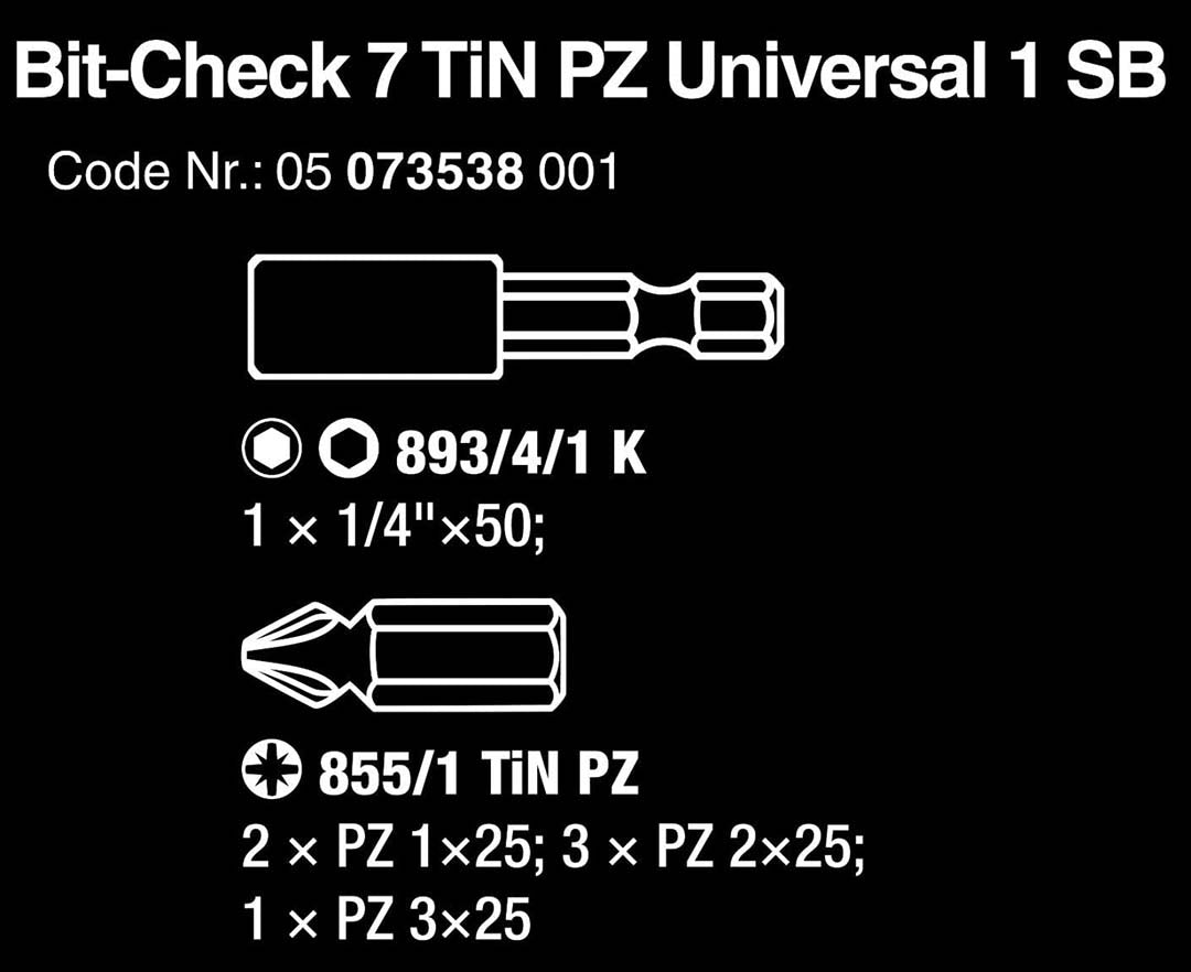 WERA 05073538001 Bit Check 7 Pozidriv Bit Set with Titanium Nitride Coating (7-Piece)